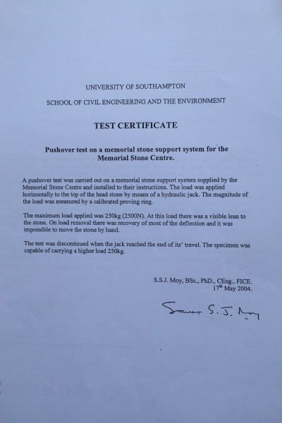 University of Southampton Pushover Test Certificate